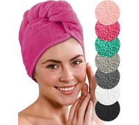 Toalla Turbante De Lujo De 2 Piezas Con Botón Para Pelo Corto Y Largo-100% Algodón-8 Elásticos Para El Pelo Gratis-Turbante De Secado Rápido Y Absorbente (Fuchsia)