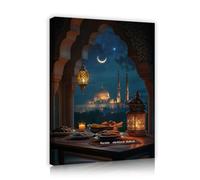 TOANGWALL Aliments traditionnels du Ramadan Toile Art mural Vue en arc sur la fenêtre Nuit Lune Ciel étoilé Fresques Affiches vintage Peinture pour décoration de bureau 85x100cm