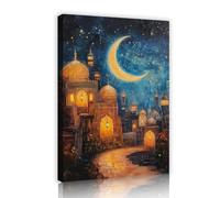 TOANGWALL Architecture islamique de luxe architecture murale encadrée en toile sous un ciel nocturne bleu profond affiche du Ramadan fresque rétro pour la décoration du salon 80x120cm
