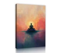 TOANGWALL Art mural de Bouddha Tirages sur toile Fleurs de lotus Coucher de soleil Lac Images pour bureau Chambre d’amis Silhouette encadrée Affiche murale Décoration intérieure Moderne 80x120cm