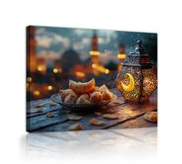 TOANGWALL Art mural en toile du Ramadan Table rustique en bois dorée Lanterne ornée Silhouettes de lune Fresque de soirée Affiches de peinture pour la décoration du café 40x50cm