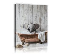 TOANGWALL Bain de bébé éléphant Toile Art mural Imprimé de baignoire rustique Chambre de bébé Décoration d’animaux Affiche Peinture murale Illustration ludique de la faune sauvage mignonne 80x120cm