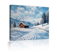 TOANGWALL Cadre de grange Ferme d’hiver Art mural en toile Cabane de montagne enneigée Pine Blue Sky Vintage Tableau rustique traditionnel pour la décoration de la cuisine 90x110cm