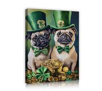 TOANGWALL Carlins en haut-de-forme vert nœuds papillon art mural en toile portrait d’animal sur le thème de la Saint-Patrick fresque affiche festive de chien décoration de chambre 70x85cm