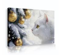 TOANGWALL Chat blanc Toile de Noël Art mural Sapin enneigé Affiches festives dorées Peintures Fresques de fête Œuvres d’art pour la décoration de la chambre de bébé 50x75cm