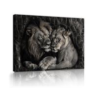 TOANGWALL Couple romantique de lion s’embrasse Art mural en toile Œuvres d’art africain de la faune Peintures en noir et blanc Safari pour la décoration de la chambre 50x75cm