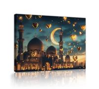 TOANGWALL Cœurs dorés en toile flottante Art mural Lune dans le ciel nocturne Ramadan Célébration de l’Aïd Fresque encadrée Affiches murales Peintures pour la décoration du salon 80x95cm