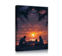 TOANGWALL Dîner en famille à Sunset Beach Toile Silhouettes murales sous palmiers Affiches du ciel orange Peintures murales océaniques pour la décoration de la classe 70x85cm