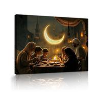 TOANGWALL Dîner familial aux chandelles Toile Art mural Lune dans le ciel nocturne Silhouettes en arrière-plan Scène chaude Fresque Affiche peignant des tirages pour la décoration du porche 70x85cm