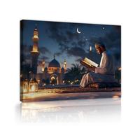 TOANGWALL Homme lisant une soirée d’art mural sur toile sous le ciel étoilé la lune sereine fresques traditionnelles de peinture d’affiches pour le salon la chambre la décoration de la maison 65x80cm