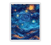 TOANGWALL Impression de style rêveur sur toile art mural abstrait bleu océan vague texture tourbillon ciel étoilé affiche peinture pour salle de bain décor 65x80cm sans cadre