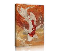 TOANGWALL Japonais Ukiyo-e Style Toile Art Mural Bonne Chance Koi Poisson et Rétro Texture Fond Affiche Peinture Impression pour Salon Décor 50x75cm Cadre intérieur