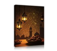 TOANGWALL Lanternes dorées suspendues Ramadan toile d’art mural silhouettes architecturales fresques islamiques affiches murales peintures imprimées pour la décoration du salon 70x85cm