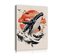 TOANGWALL Océan baleine Toile de coucher de soleil Art mural Images de vie marine moderne Estampes d’œuvres d’art Affiches ukiyo-E japonaises Peintures pour la décoration murale du salon 65x80cm
