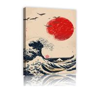 TOANGWALL Peinture de paysage de style Ukiyo-e japonais Ondes de rêve Kanagawa Soleil rouge Oiseaux Impression sur toile Art mural pour salon chambre Decor 50x75cm Cadre intérieur