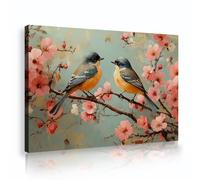 TOANGWALL Petits Oiseaux Toile Art Murale Branche Fleur Cerisier Rose Peinture Bleu Canard Clair Encadré Impressions Modernes Poster Contemporain Murale Images Oeuvre pour Lounge Bureau Déco 40x60cm