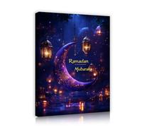 TOANGWALL Ramadan Mubarak Toile d’art mural Lune violette lanternes dorées Eau réfléchissante Fresque de la nuit étoilée Affiches de peinture pour la décoration intérieure 40x50cm
