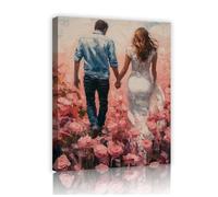 TOANGWALL Roses roses Scène de jardin fleuri Thème d’amour Art mural en toile Couple romantique promenade Affiche encadrée Impression pour décoration de la maison 80x95cm