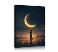 TOANGWALL Silhouette de la femme en toile de prière Art mural Lune sur la ligne d’horizon sur l’eau Nuit étoilée Affiche murale Peinture des estampes pour la décoration de la salle à manger 80x95cm