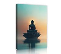 TOANGWALL Statue de Bouddha Silhouette de méditation Impression sur toile Décoration murale Fleur de lotus Coucher de soleil pour le centre de bien-être Affiche encadrée d’hôtel 40x60cm