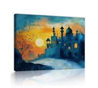 TOANGWALL Sunset Palace au bord de la rivière Art mural en toile Ciel orange chaud Lune Silhouette d’oiseaux Architecture Fresque Affiches Peintures pour la décoration du dortoir 70x85cm