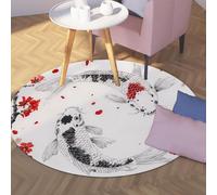 TOANGWALL Tapis 130cm Rond esthétique carpette circulaires en Fleurs de Cerisier Koi Japonais Peinture à l Encre Descente lit antidérapant Yin Yang Pliable et Doux Fin Lavable pour Salle Yoga