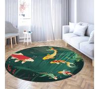 TOANGWALL Tapis 160cm Rond Japonais carpette circulaires antidérapants lavables à la Machine Koi Vert Profond Poisson Pliable Nature Poil Bas Petit Descente de lit en Forme d étang pour Salon