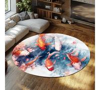 TOANGWALL Tapis 200cm Rond Japonais carpette circulaires en Fleurs de Cerisier Forme Koi Aquarelle Bleue Descente lit antidérapant à Machine antidérapante Pliable Doux et Fin pour Salon du