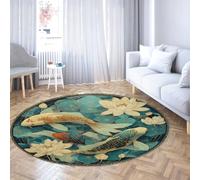 TOANGWALL Tapis de Poisson Koi Lotus Blanc 150cm Descente de lit antidérapant Lavable Feng Shui Décor Luxe Bleu Canard doré Salon vestiaire Balcon Pliable à Poil Bas Fin