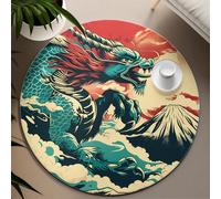 TOANGWALL Tapis Rond antidérapant de Style Ukiyo-e 110cm Dragon Japonais Kanagawa Wave Tapis Circulaire d’intérieur Lavable à Poils Ras Doux pour Salon Chambre