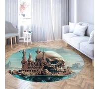TOANGWALL Tapis Rond de Style Moderne 200cm Squelette château Motif sur la mer Lavable à Poils Ras antidérapant intérieur Cercle Mat pour Armoire Couloir Salle de Jeux