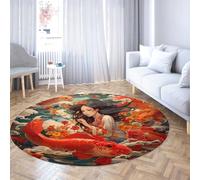 TOANGWALL Tapis Rond de Style Ukiyo-e Japonais 160cm Jolie Femme et Carpe Koi Impression Lavable Doux à Poils Ras antidérapant intérieur Cercle Mat pour la Maison Couloir