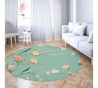 TOANGWALL Tapis Rond Turquoise 180cm Fleurs colorées et colibris Imprimer Tapis Lavable antidérapant pour Salon Chambre Porche dortoir décor Tapis de Sol