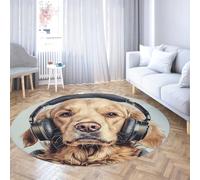 TOANGWALL Tapis Ronds à thème Animalier 170cm Golden Retriever Portant des écouteurs Motif Lavable antidérapant Doux à Poils Ras jeté Cercle Tapis pour Chambre à Coucher