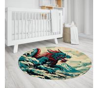TOANGWALL Tapis Ronds Japonais de Style Ukiyo-e 170cm Kanagawa Wave Dragon Motif Tapis Circulaire antidérapant Lavable Doux à Poils Ras pour l’entrée du Bureau à Domicile