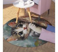 TOANGWALL Tapis Ronds Portraits d’Animaux 90cm Gros Yeux à Motif de Chat Mignon Tapis antidérapant léger à Poil Bas et Lavable pour la décoration de la Salle de bébé des Tout-Petits