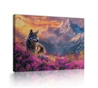 TOANGWALL Toile de coucher de soleil Wolf Mountain Art mural Œuvres d’art paysager de la faune murale Champs de Fleurs Estampes Violettes Affiches Peintures pour la décoration du dortoir 40x60cm