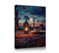 TOANGWALL Toile de table du Ramadan Art mural de lanterne Silhouettes de construction de lune Ciel étoilé Murale Affiche Peintures pour la décoration du salon 50x60cm