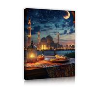 TOANGWALL Toile de table du Ramadan Gravures murales Silhouettes de bâtiments la nuit Ciel étoilé Lune Fresque Affiche moderne Décoration du salon 90x110cm