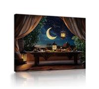 TOANGWALL Toile du Ramadan Art mural Table extérieure Plats traditionnels Lune Ciel étoilé Vue du jardin Fresque Affiches Peintures pour la décoration de l’appartement 50x60cm