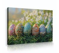TOANGWALL Œufs colorés scène d’herbe verte toile d’art mural fleurs blanches printanières fresque élégante affiche paysagère pour la décoration du salon 40x60cm