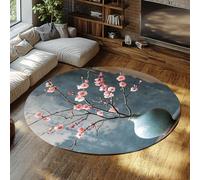 TOANGWALL Vintage Cherry Blossom Vase Round Descente de Lit 90cm Branche Fleur Prunier Rond Lavable antidérapant Poil Bas Fin terrasse véranda Studio Bleu Rose Tapis