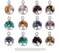 TOAOB 12 Pièces Pendentif Arbre de Vie en Pierre Naturelle 7 Chakras et D'alliages Pendentif Rond de 15mm Pendentifs de Cristal de Guérison pour Les Découvertes de Bijoux Collier