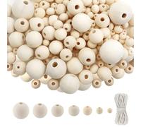 TOAOB 225 Pièces Perles en Bois Rondes Naturel 6 mm à 20 mm Mixte Taille Perles ave 4m Fil de Coton pour Fabrication de Bijoux Bracelets DIY Artisanat Accessoire