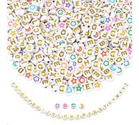 TOAOB 300Pcs Lettres Alphabet Perles en Rondes 7mm Blanc avec Lettres Or Acrylique de A à Z Avec Forme de Cœur Étoile de Lune Perle Couleur pour Fabrication de Bijoux Colliers Bracelets Artisanat