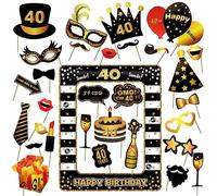 TOAOB 31 pièces 40 ans Photo Booth Props Anniversaire avec Cadre Gonflable pour Selfie Noir et Or Funny Accessoires Décorations pour DIY Happy Birthday Party Photographique accessoire