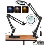 Toaren 2 en 1 Lampe de Bureau Loupe 10X Lampe Loupe, Loupe avec Lumière et Support Lampe Loupe LED avec Bras Pivotant, 3 Modes de Couleur,10 Niveaux de Luminosité pour Artisanat, Réparation, Lecture