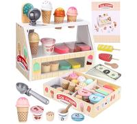 Toaren Jeuets de Crème Glacée pour Enfant,Glacier en Bois,Jouet à Crème Glacée en Bois Marchande Enfants,Glacier Jeu Accessoires de Cuisine avec Un comptoir,Montessori pour 3,4,5,6 Ans