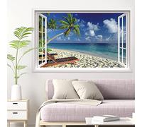 TOARTI 3D Stickers Muraux VUE SUR LA MER,Palmiers Sticker Mural,3D Autocollants Muraux pour Salon,Autocollant Mural pour Salle de Bain Chambre à Coucher Décoration,Autocollant Mural de D'été