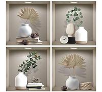 TOARTI Sticker Muraux 3D Plante,Autocollant Muraux Feuille Vertes Adhésif,3D Stickers Mural Fleur et Beige Vase,Autocollants Muraux Bohème de Salon,Sticker Muraux Cuisine Chambre Décoration